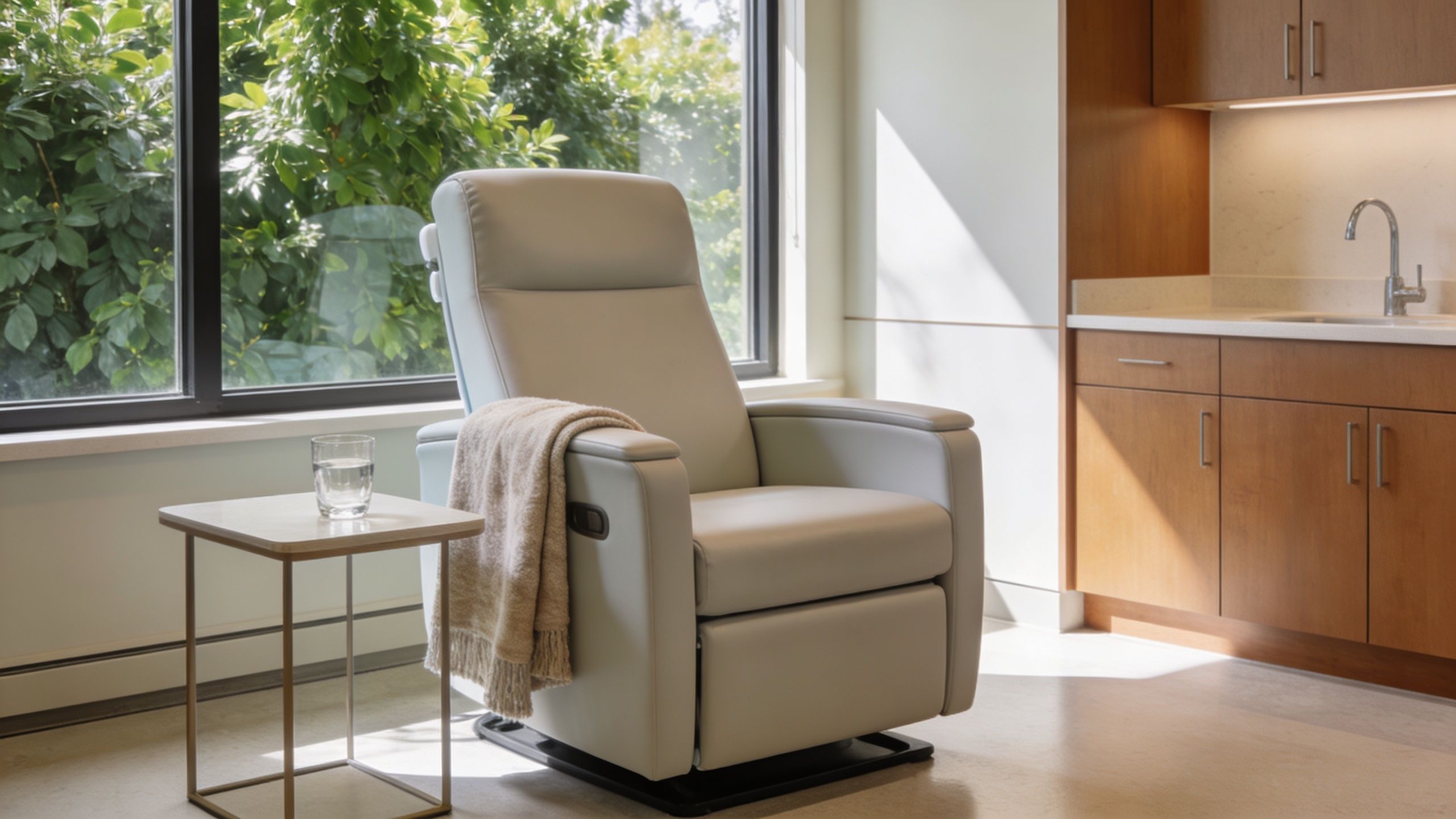 A modern, comfortable leather recliner sits in a bright, clean clinic setting next to a small side table.