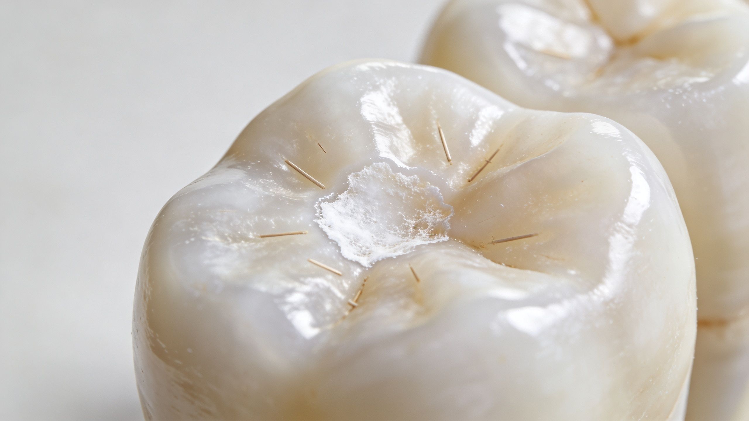 A close-up view showing the occlusal surface of a human molar with signs of early dental caries.