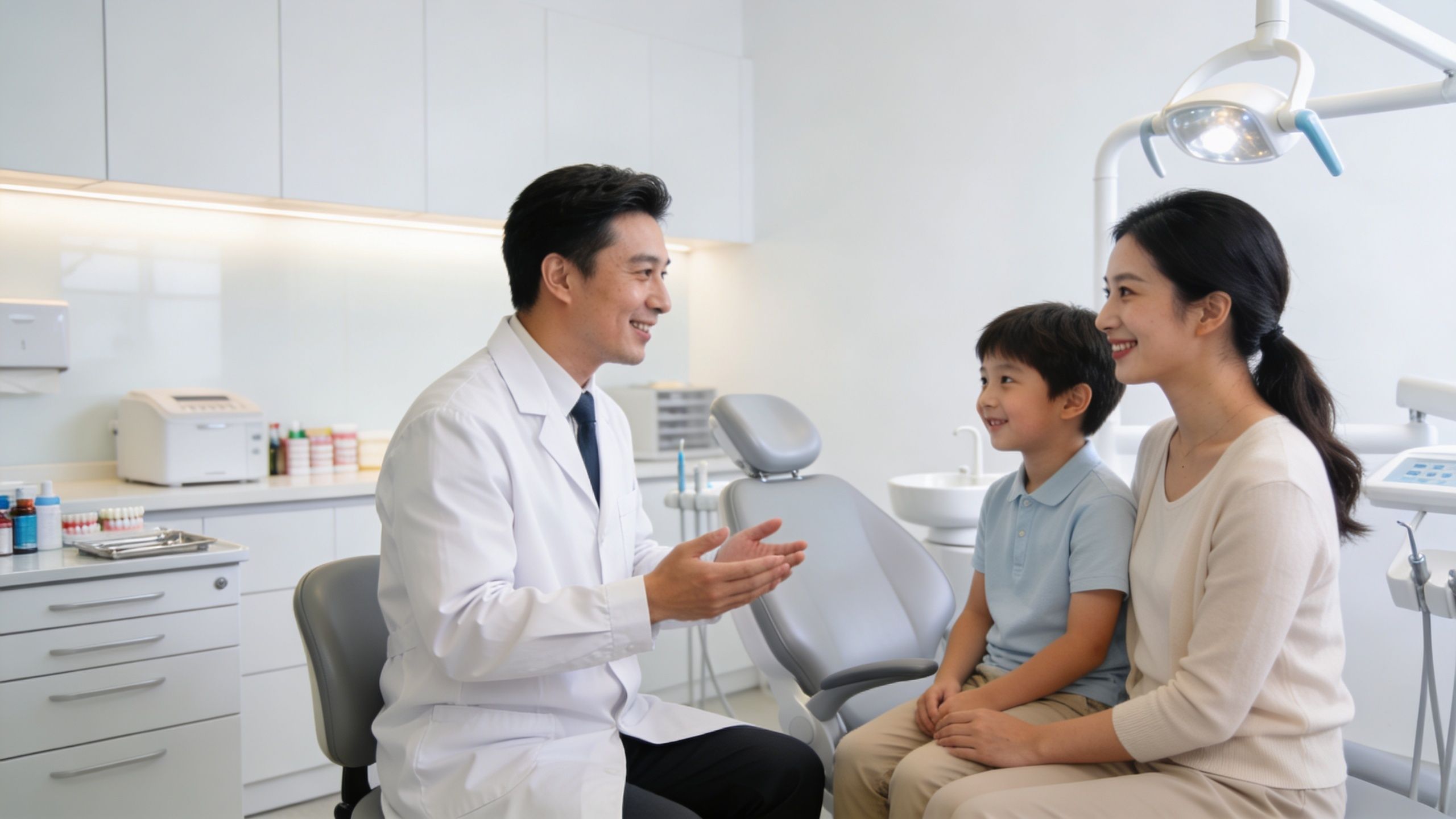 A friendly dentist explaining dental care to a young boy and his mother in a clinic.