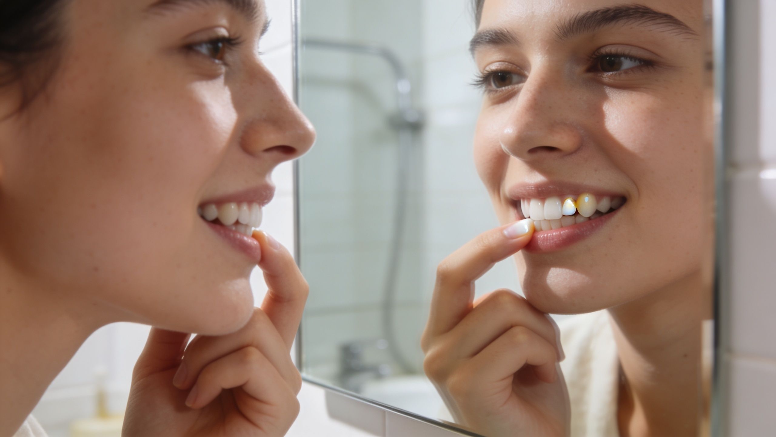 A young woman examining early dental caries on her upper tooth while looking in a bathroom mirror.