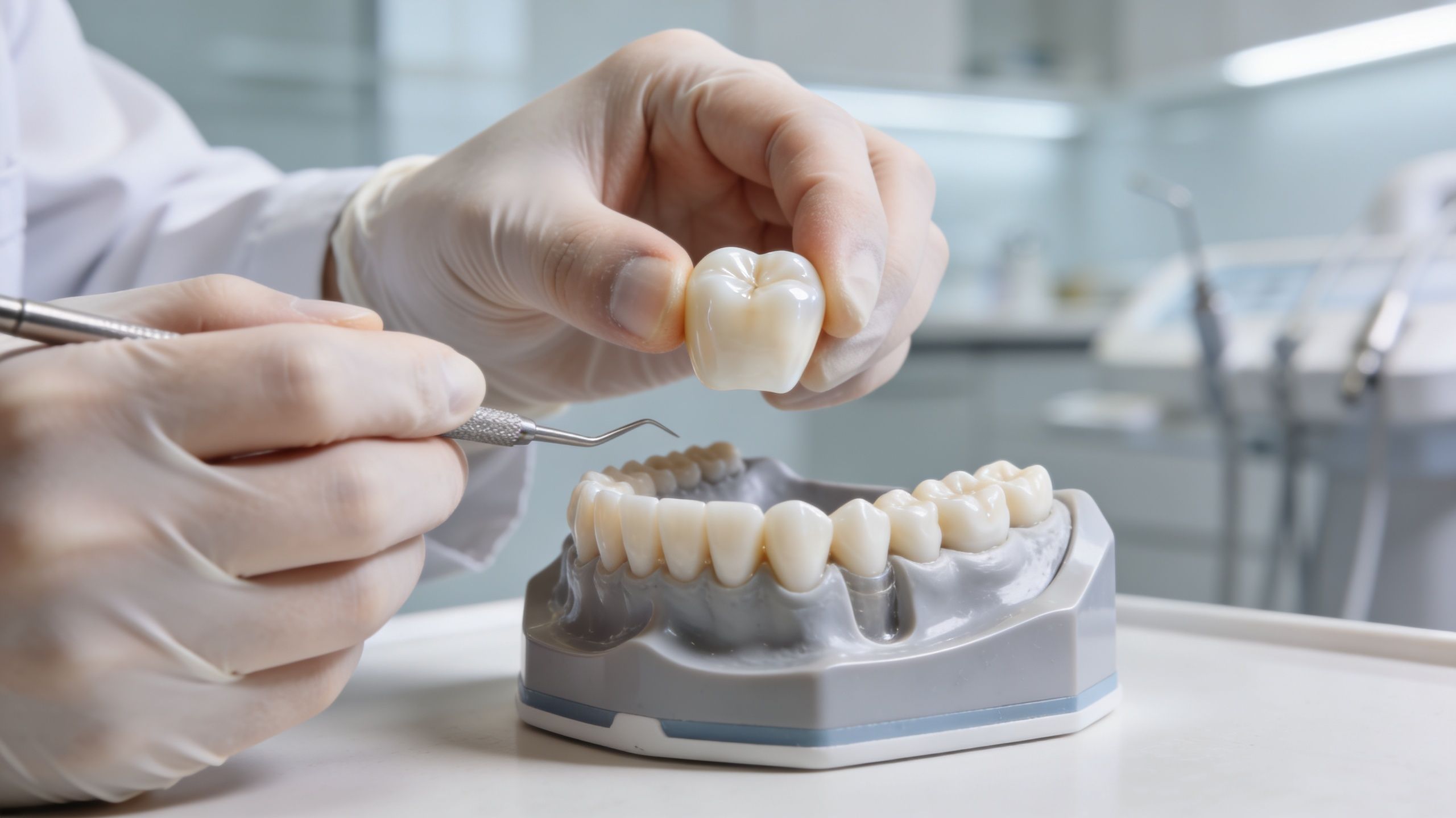 A dentist wearing gloves holding a ceramic dental crown above a model of human teeth