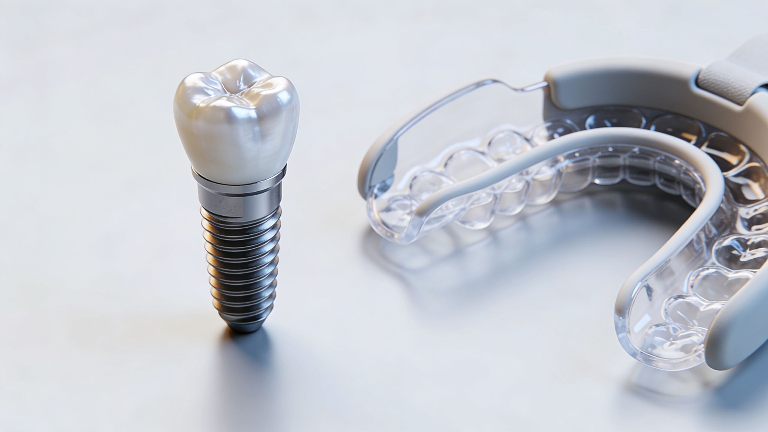 A dental implant stands beside a clear plastic dental aligner on a clean, light-colored surface.