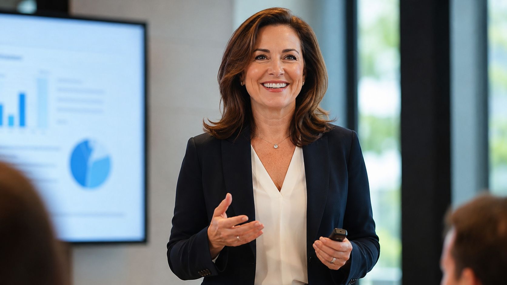 A professional woman presenting business charts during a meeting in a modern office environment.