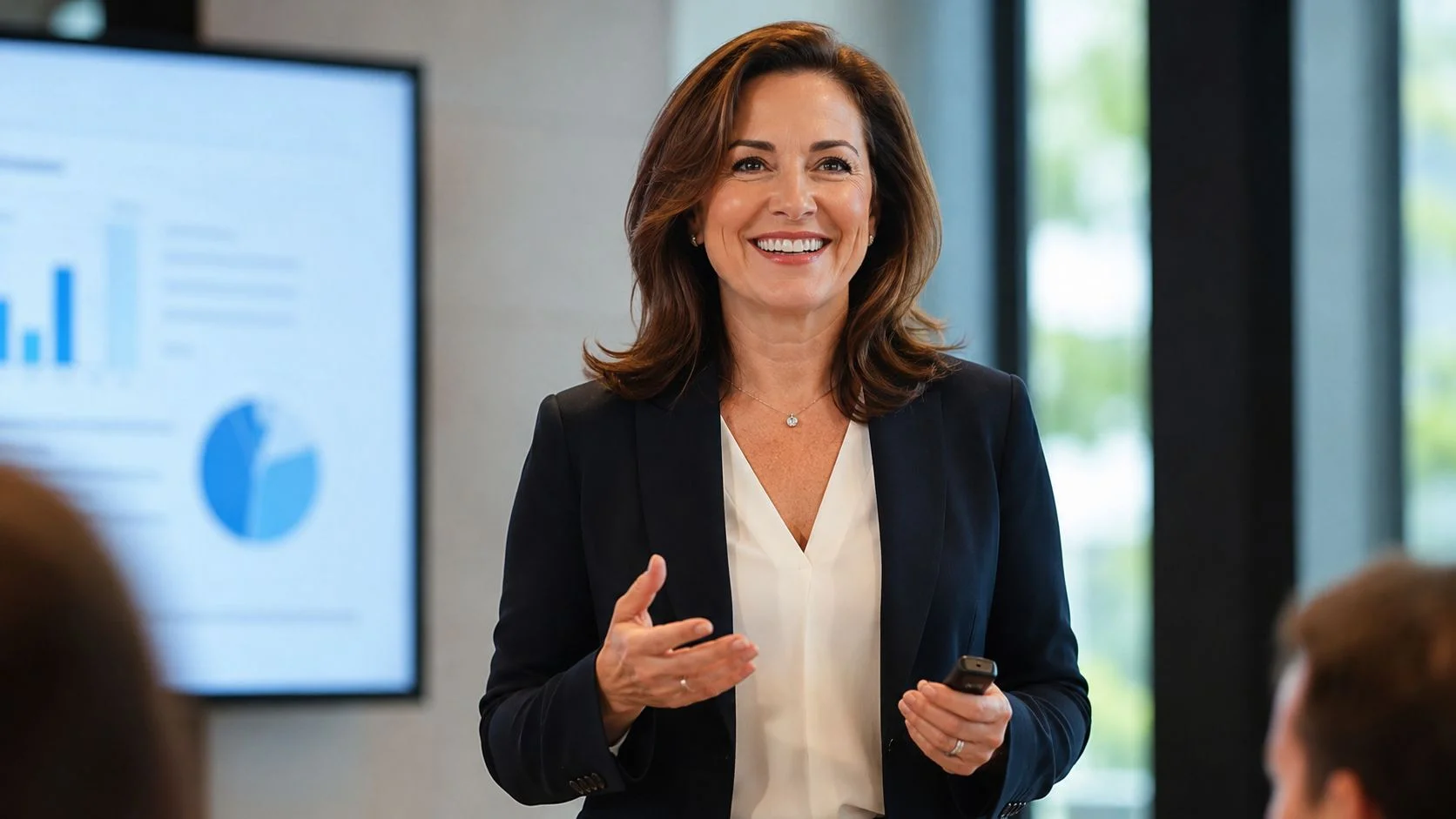 A professional woman presenting business charts during a meeting in a modern office environment.