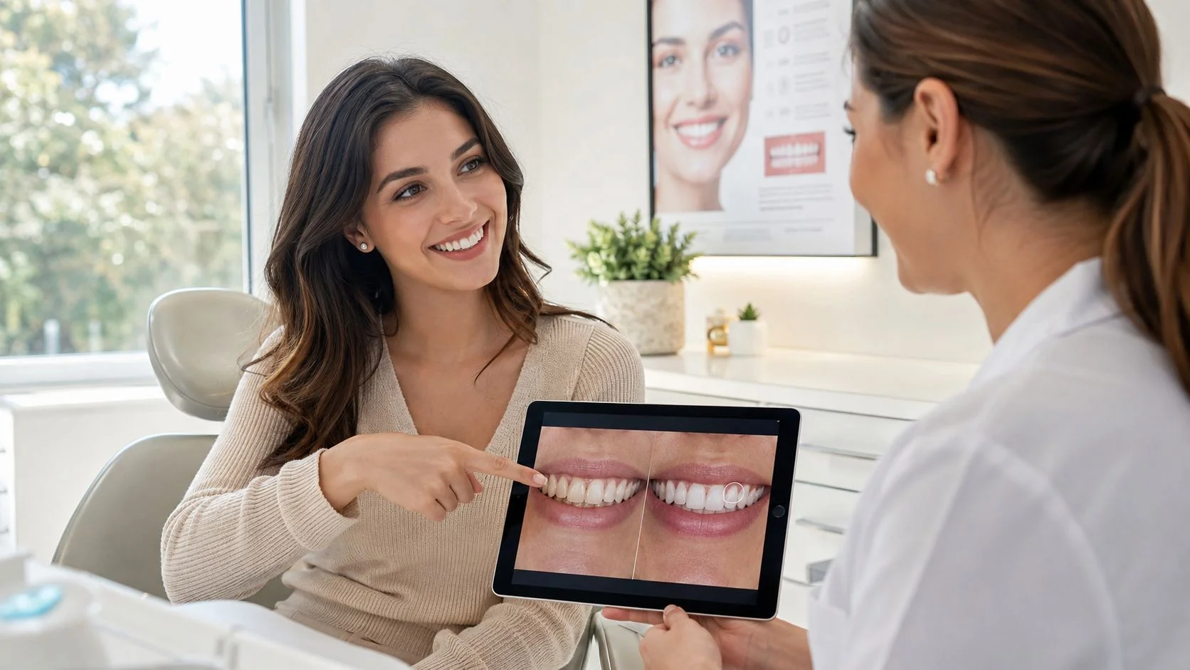 A female patient smiling while discussing dental treatment options with her dentist using a tablet.