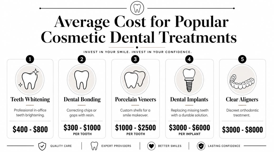 A comparison chart showing the average cost for five popular cosmetic dental treatments including whitening and implants.