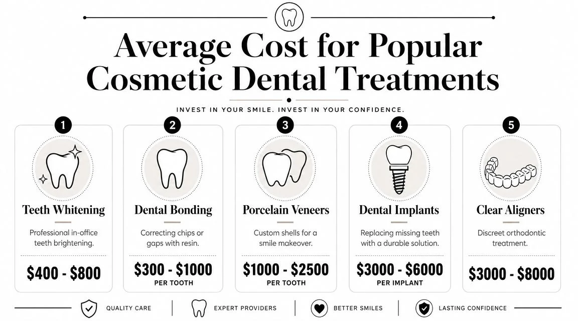 A comparison chart showing the average cost for five popular cosmetic dental treatments including whitening and implants.