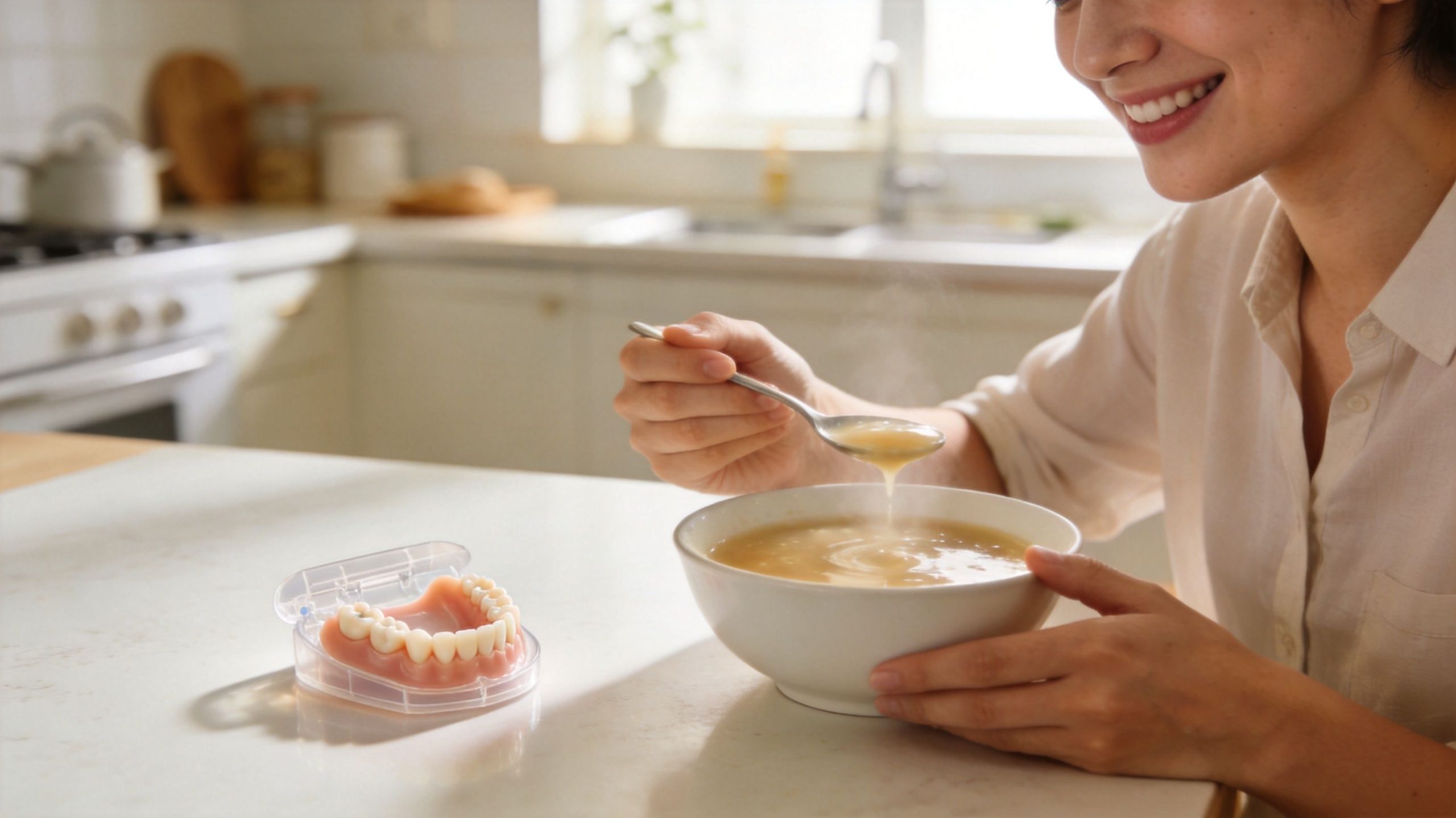 A woman smiles while eating soup, with a set of full dentures in a storage case nearby.