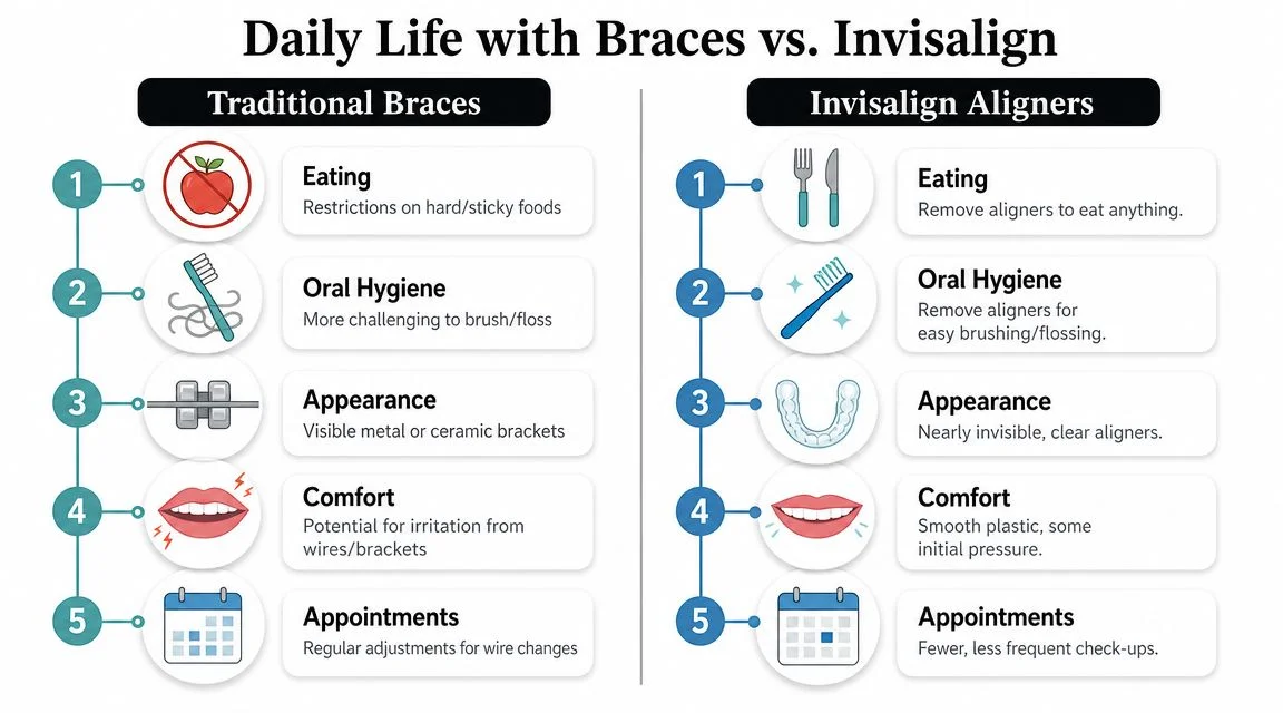 A comparison chart outlining the key differences between traditional metal braces and clear Invisalign aligners.