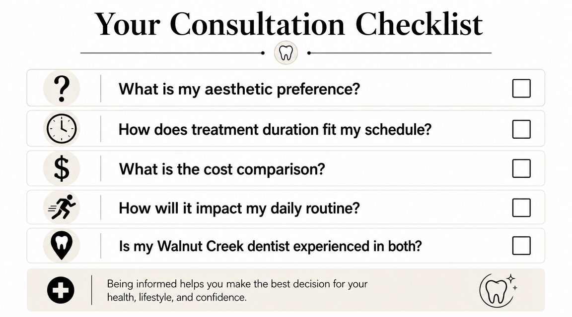 A checklist for dental patients to consider when choosing between different orthodontic treatment options during their consultation.