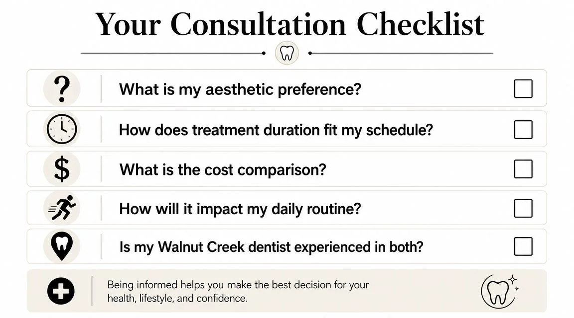 A checklist for dental patients to consider when choosing between different orthodontic treatment options during their consultation.