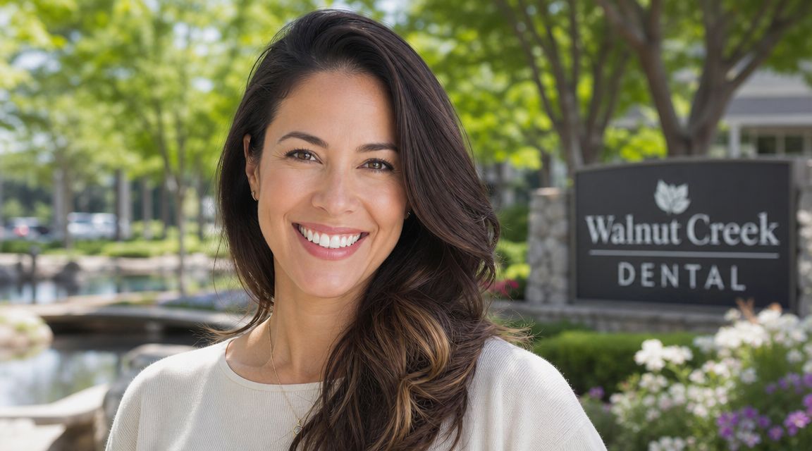 A smiling woman standing outside Walnut Creek Dental office, representing professional orthodontic care and beautiful healthy smiles.