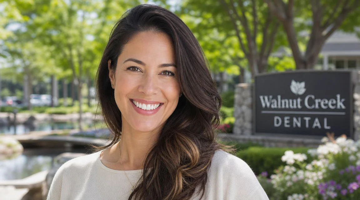 A smiling woman standing outside Walnut Creek Dental office, representing professional orthodontic care and beautiful healthy smiles.