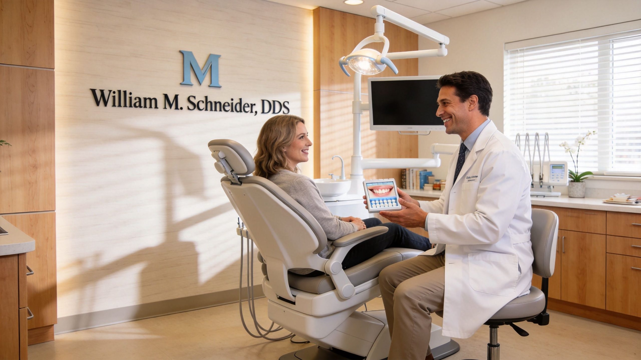 A friendly dentist showing a digital preview of teeth whitening results to a patient in his office.