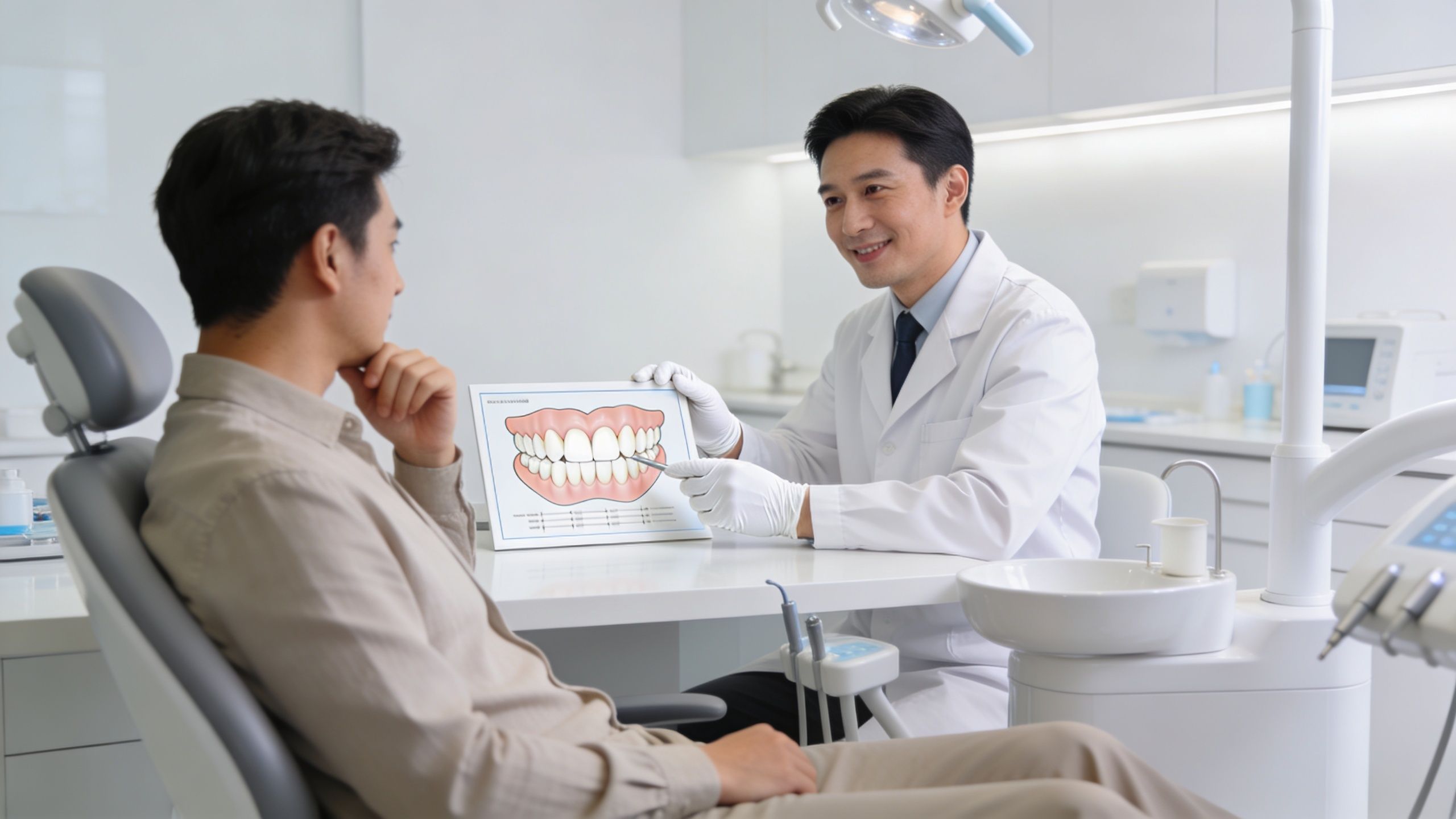 A friendly dentist explaining teeth alignment and dental procedures to a patient using a tooth chart.