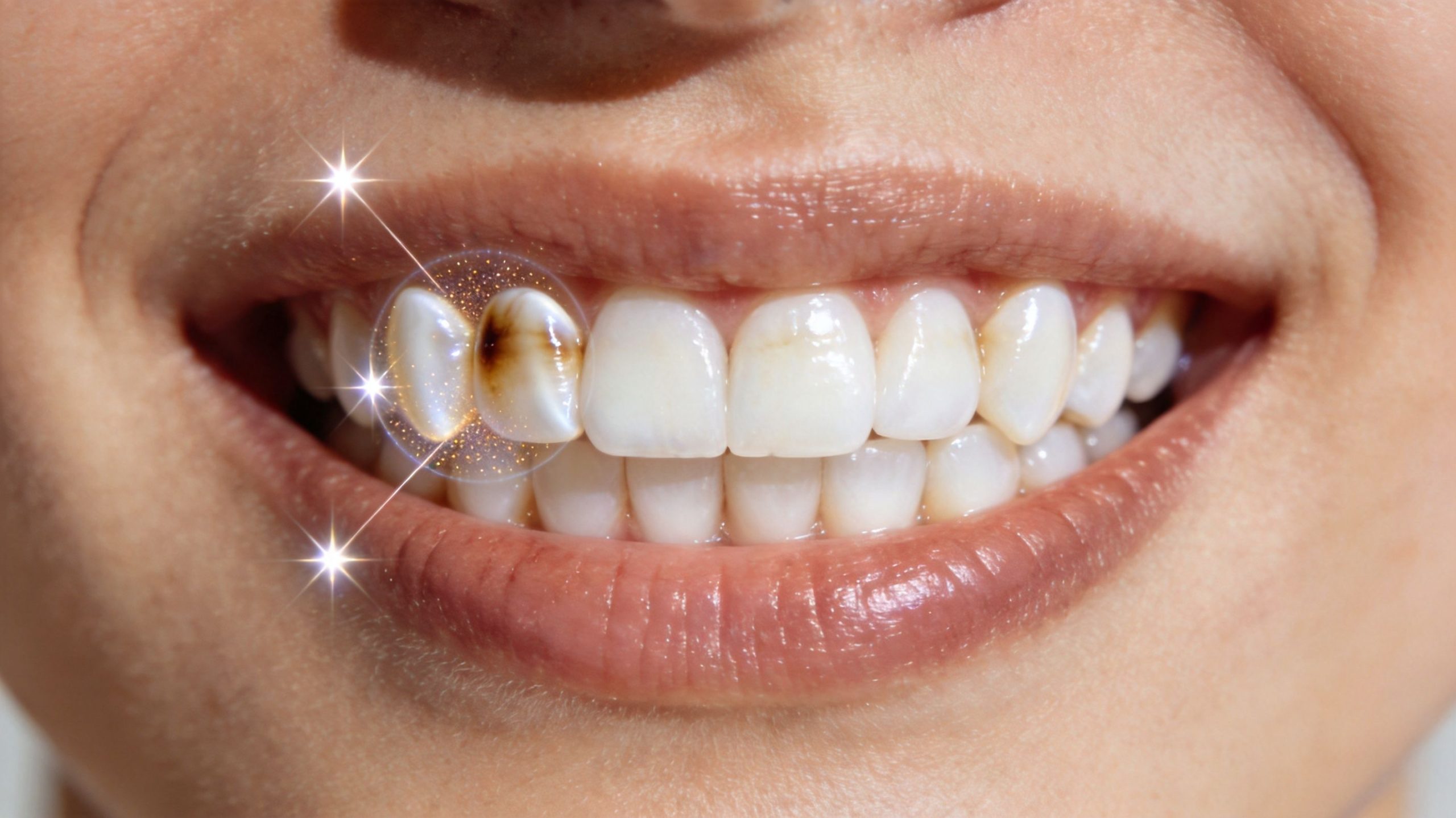 A close-up of a person's smile highlighting a discolored front tooth with a sparkling special effect.
