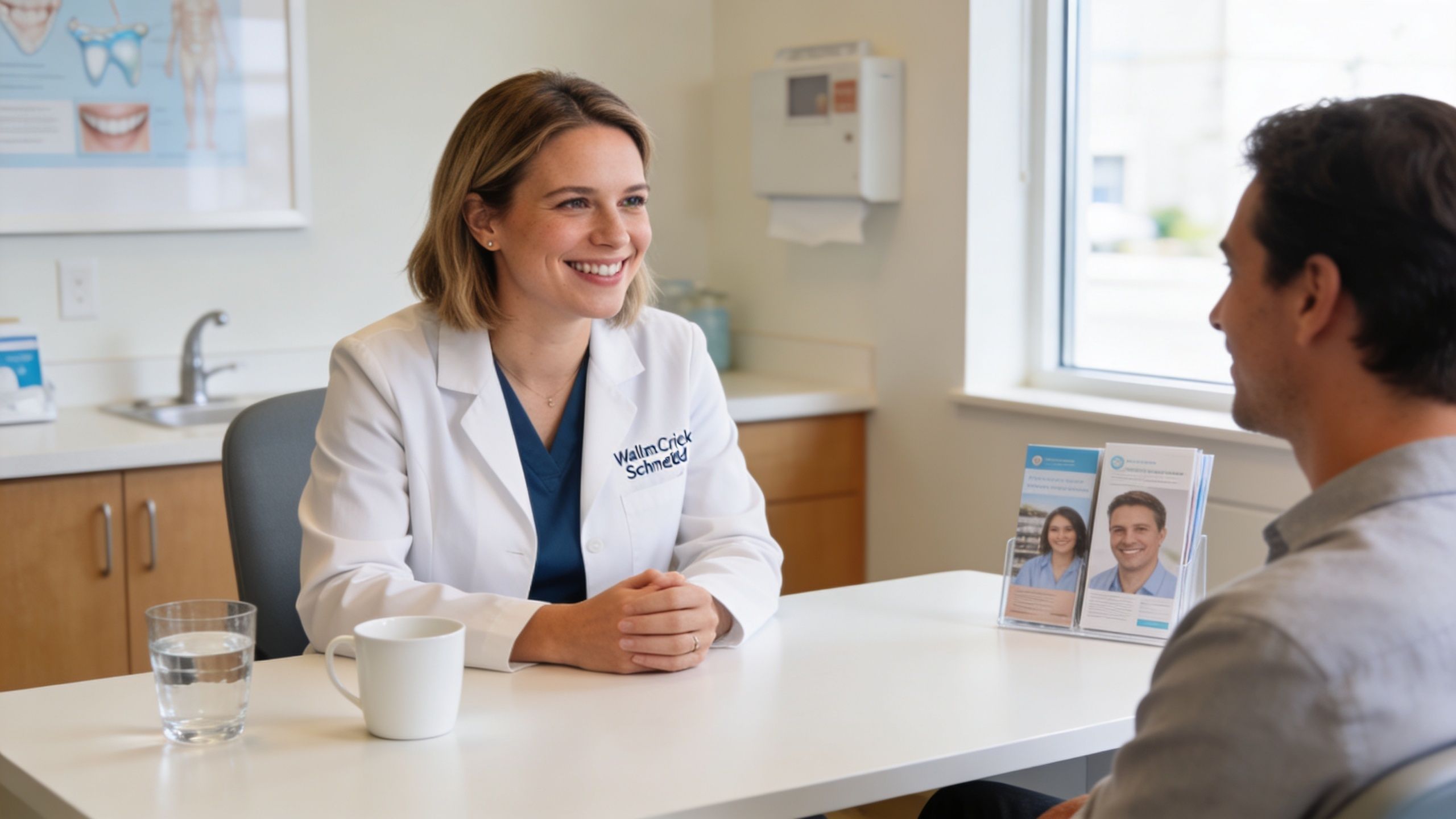 A friendly female dentist consults with a male patient in a modern, well-lit dental office setting.