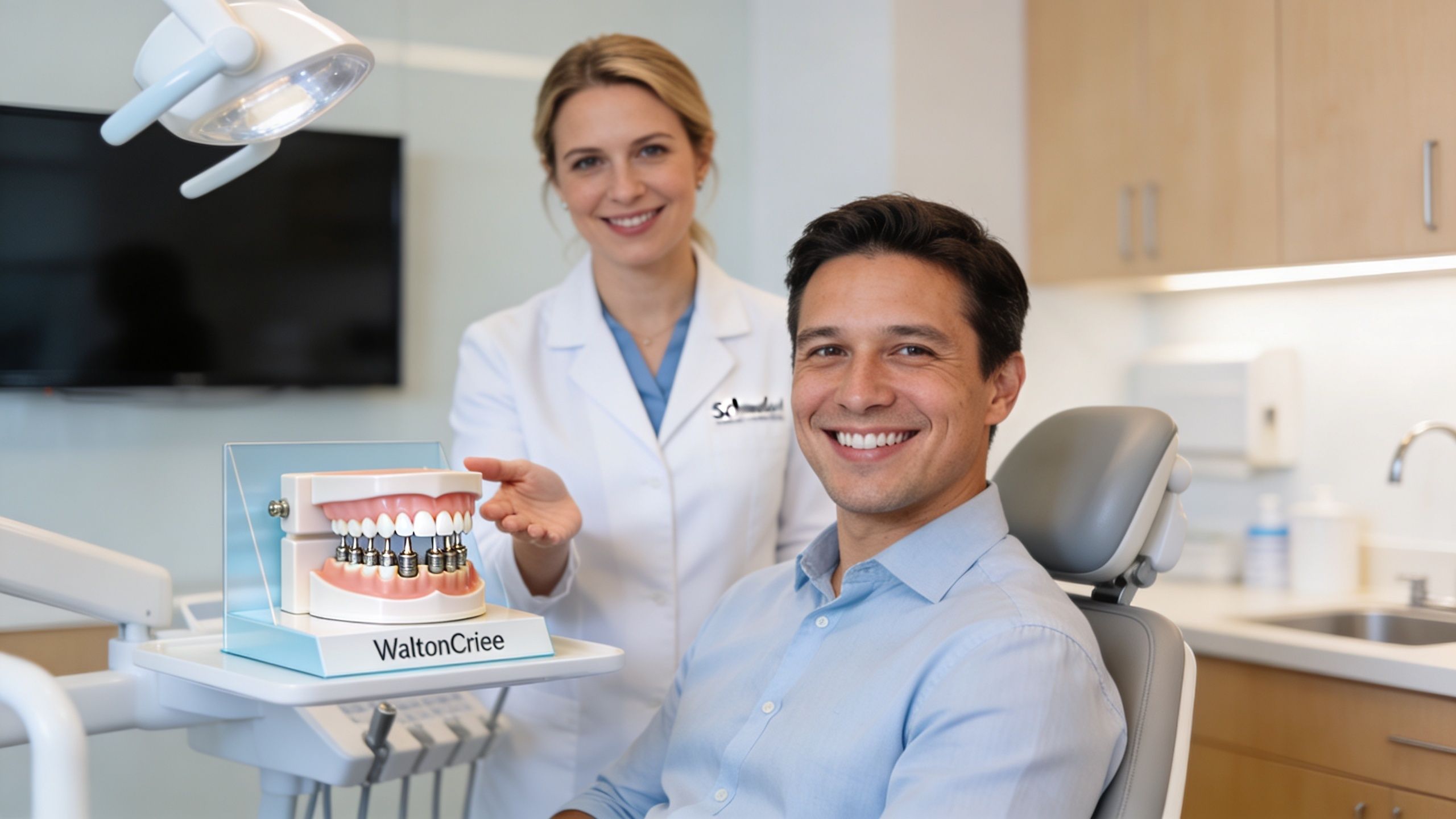 A female dentist smiling and showing a dental model of implants to a male patient.
