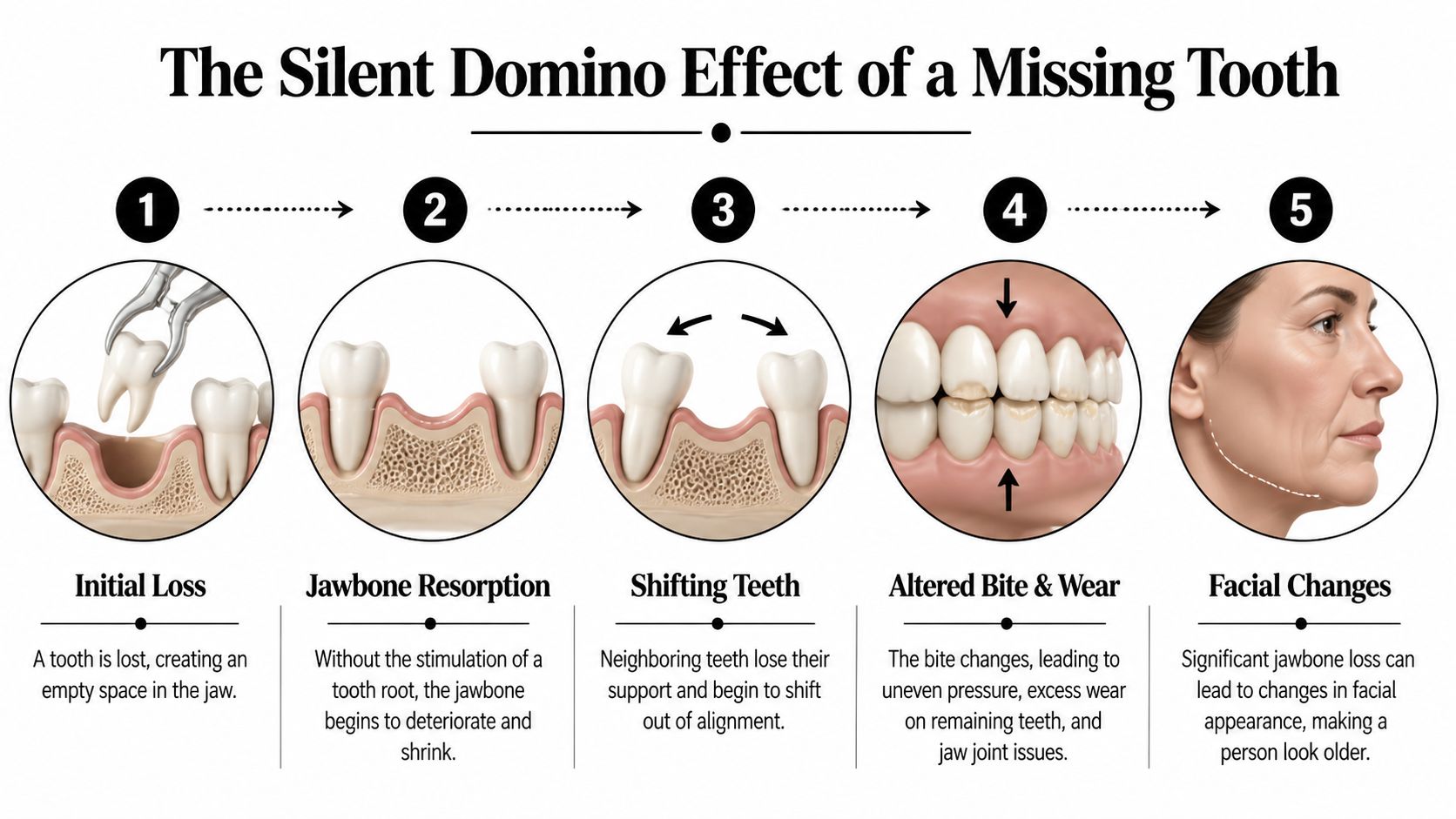 A diagram illustrating the five stages of long-term dental problems caused by having a missing tooth.