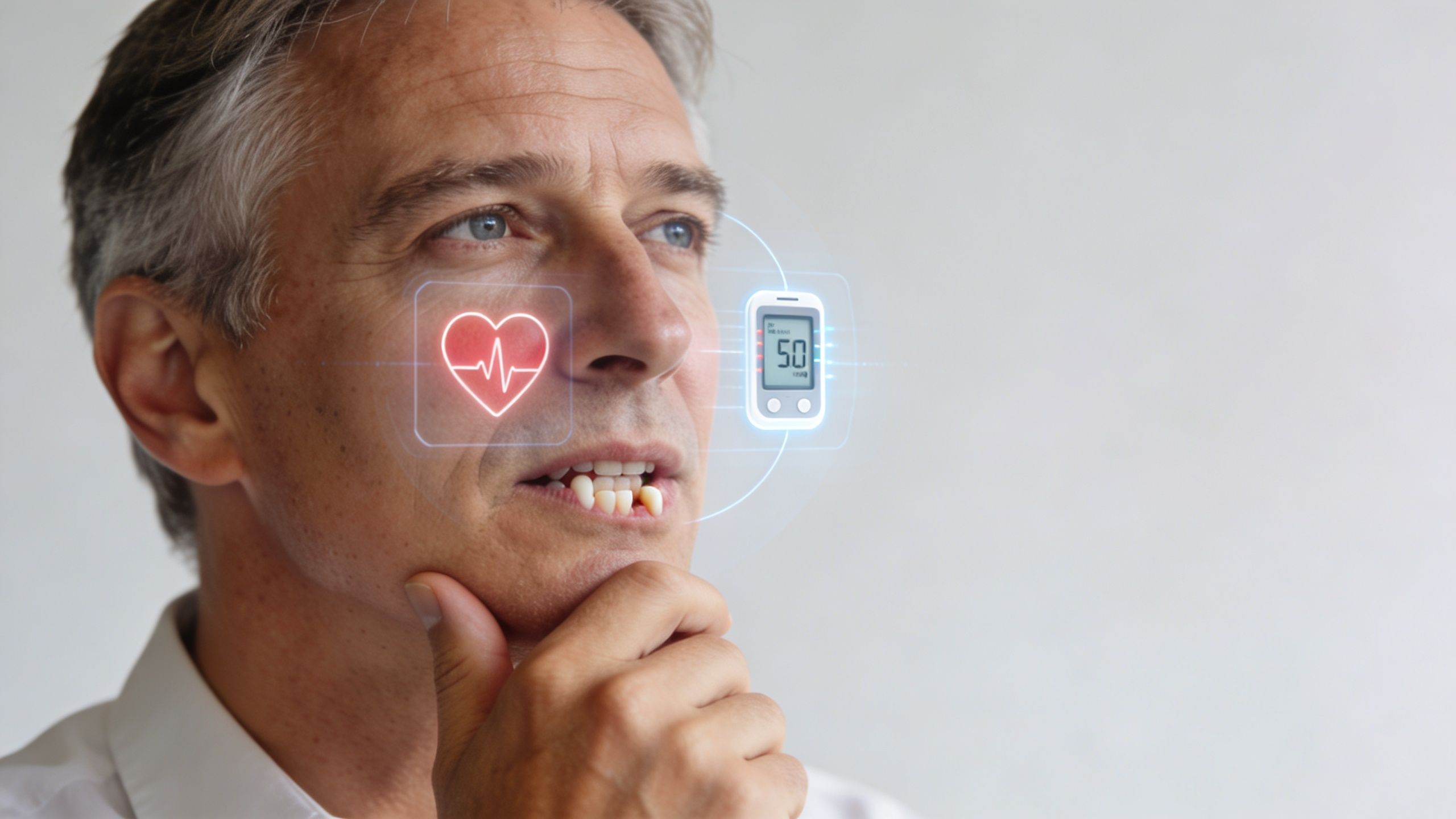 A middle-aged man thinking about health with digital heart and glucose monitoring overlays on his face.