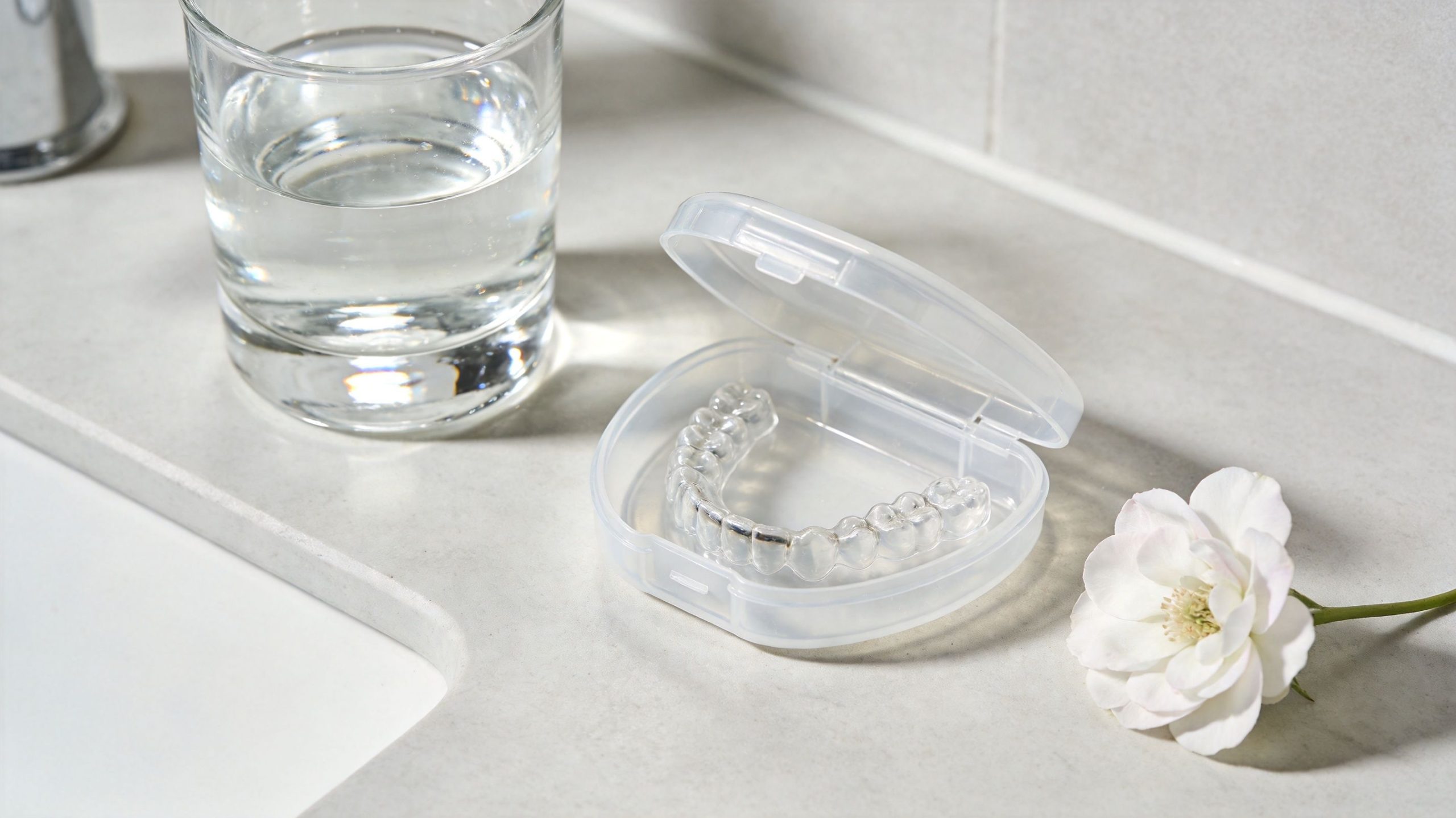 Clear dental aligner in a storage case next to a glass of water and a white flower.