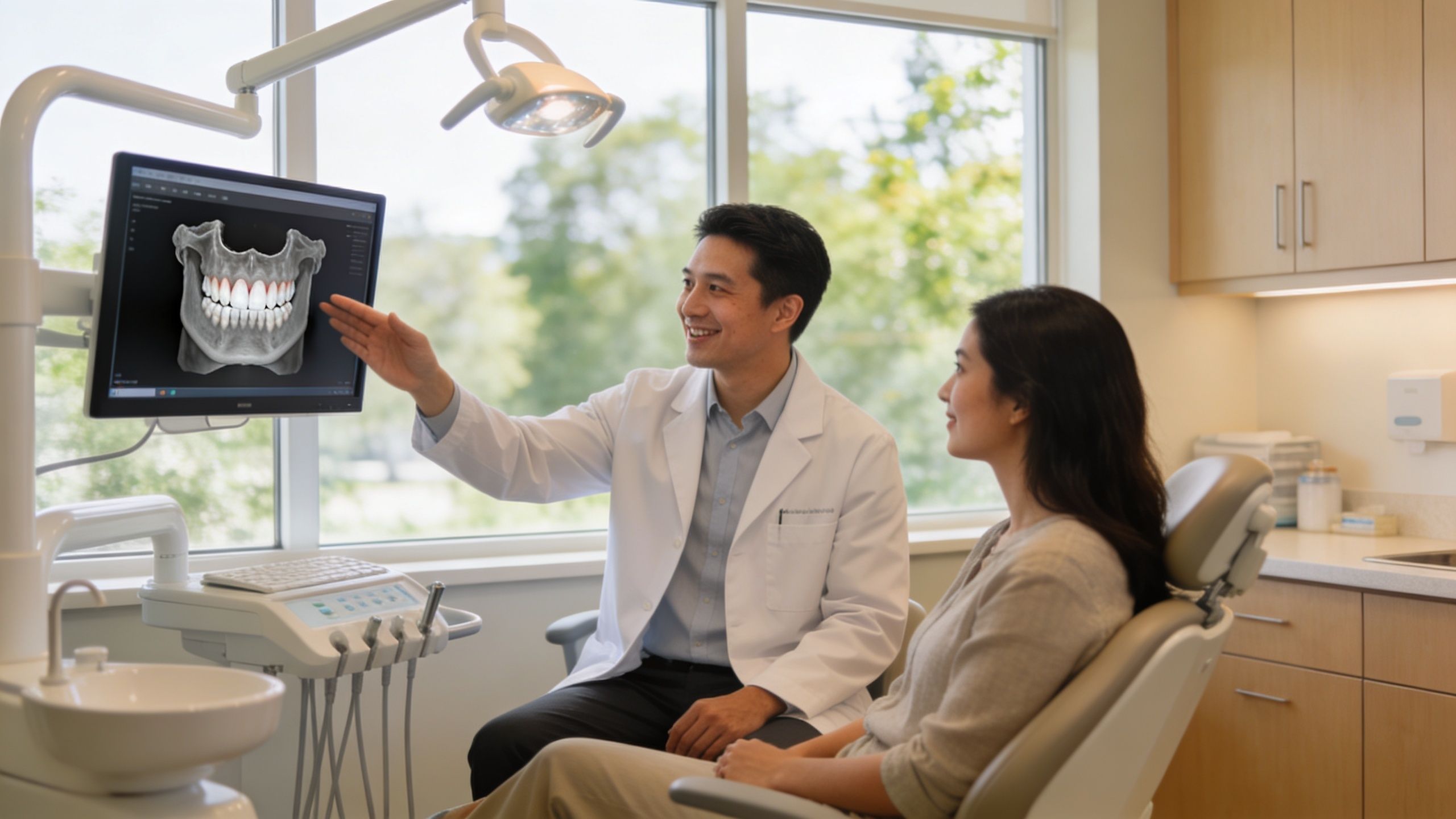 A smiling male dentist explains dental x-ray results on a monitor to a female patient in a clinic.