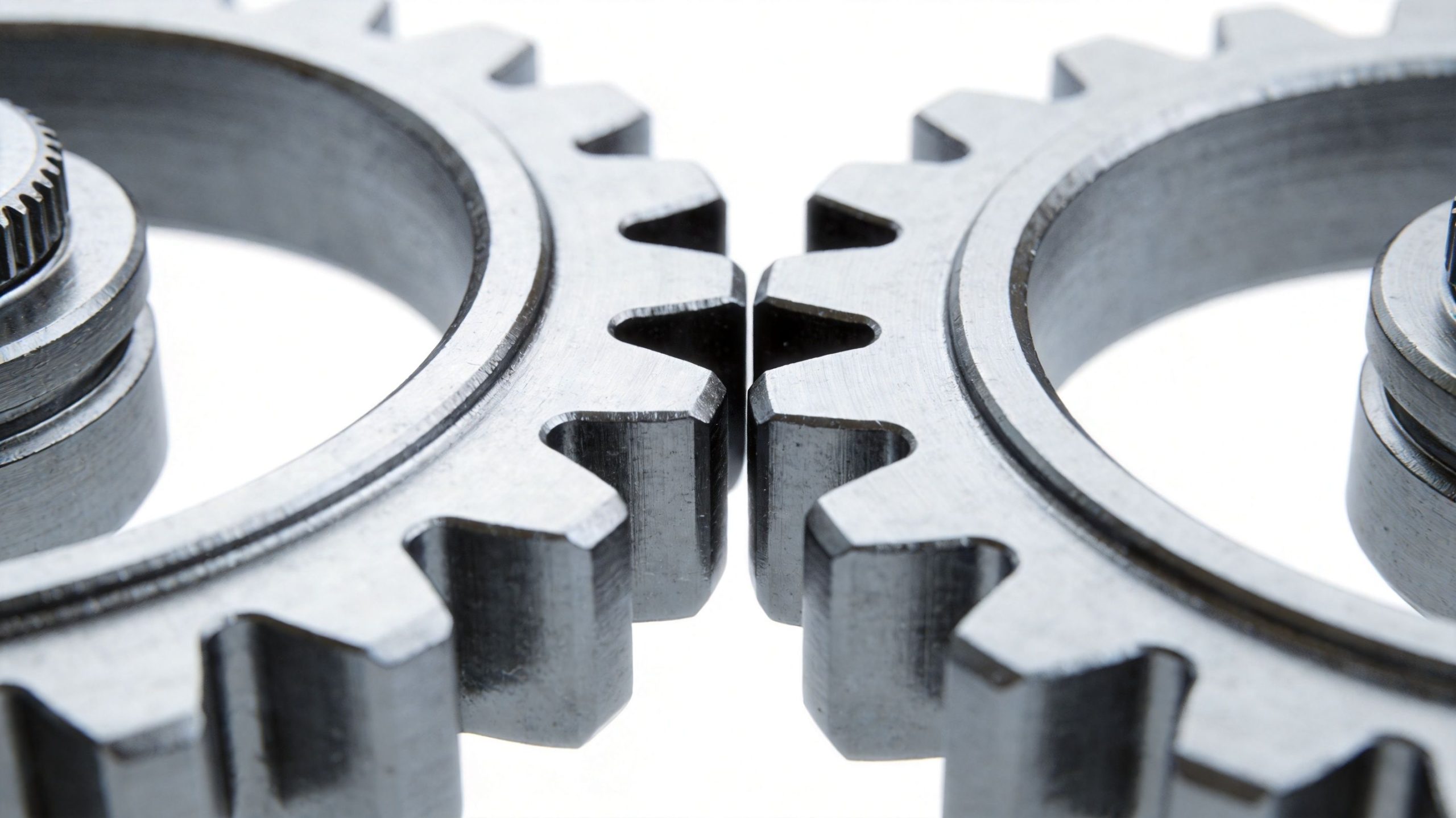 Two metal gears interlocked representing precise mechanical motion, synchronization, and complex engineering systems against white background.