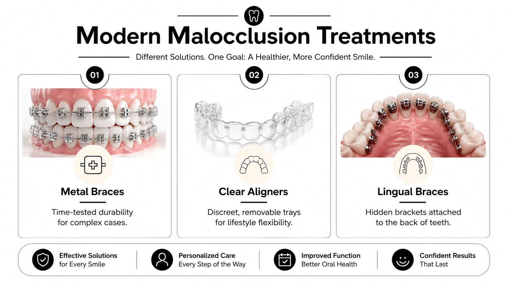 An infographic comparing three modern orthodontic treatments: metal braces, clear aligners, and lingual braces for malocclusion.