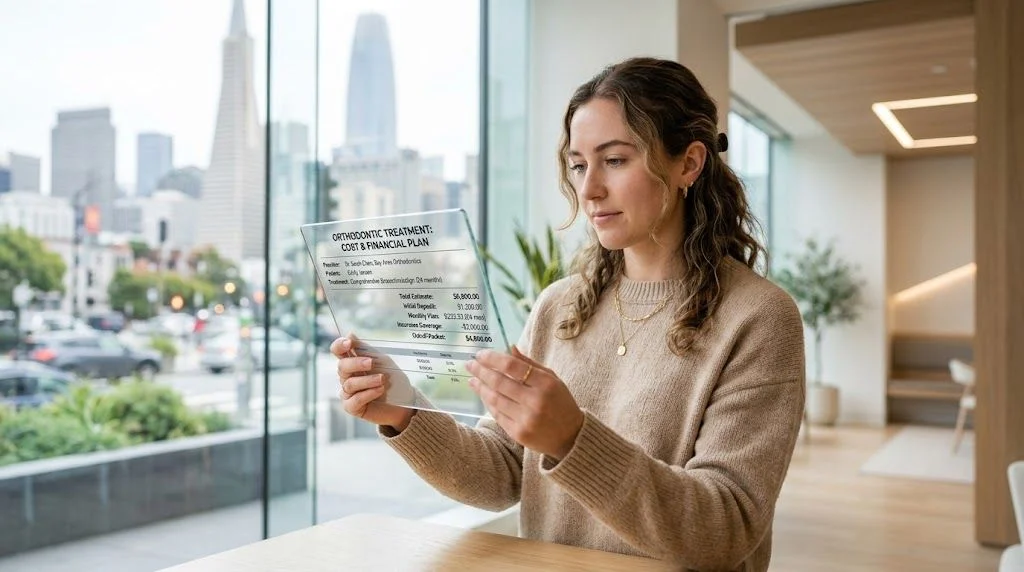 A woman reviewing her orthodontic financial treatment plan on a clear digital screen in a modern office.