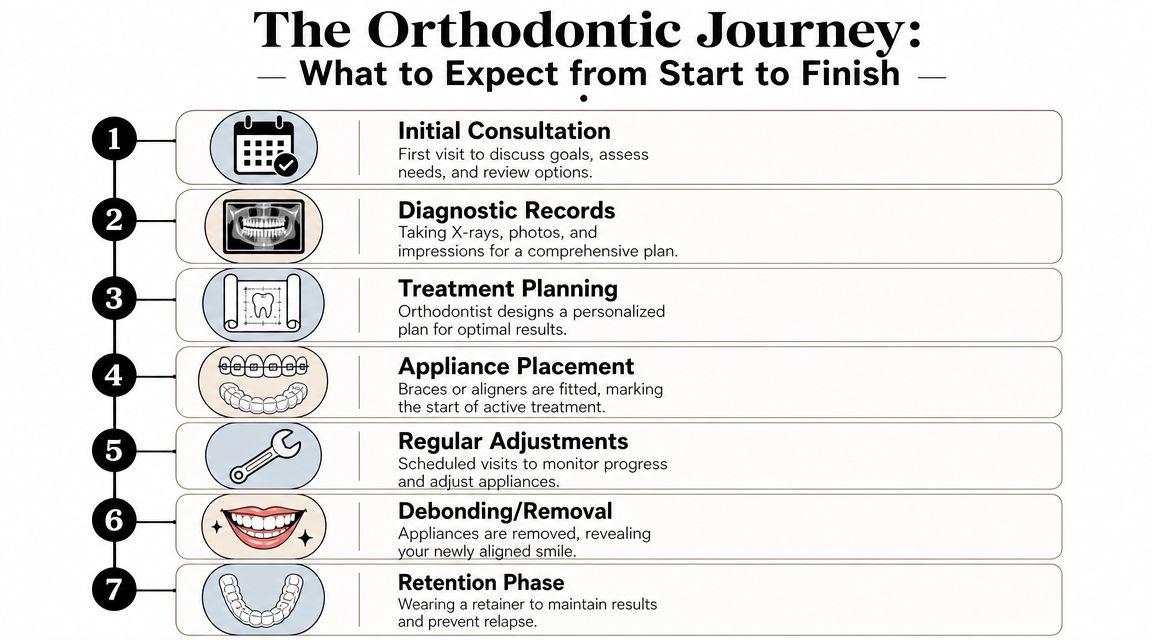 A seven-step infographic detailing the orthodontic treatment journey from initial consultation to the final retention phase.