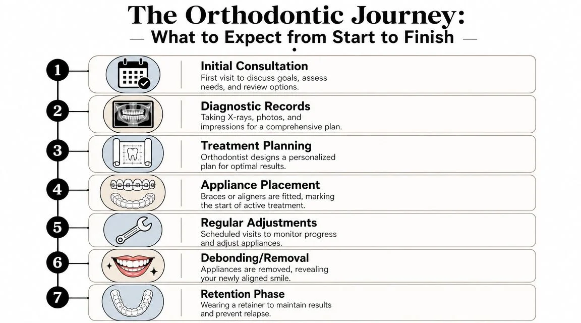 A seven-step infographic detailing the orthodontic treatment journey from initial consultation to the final retention phase.