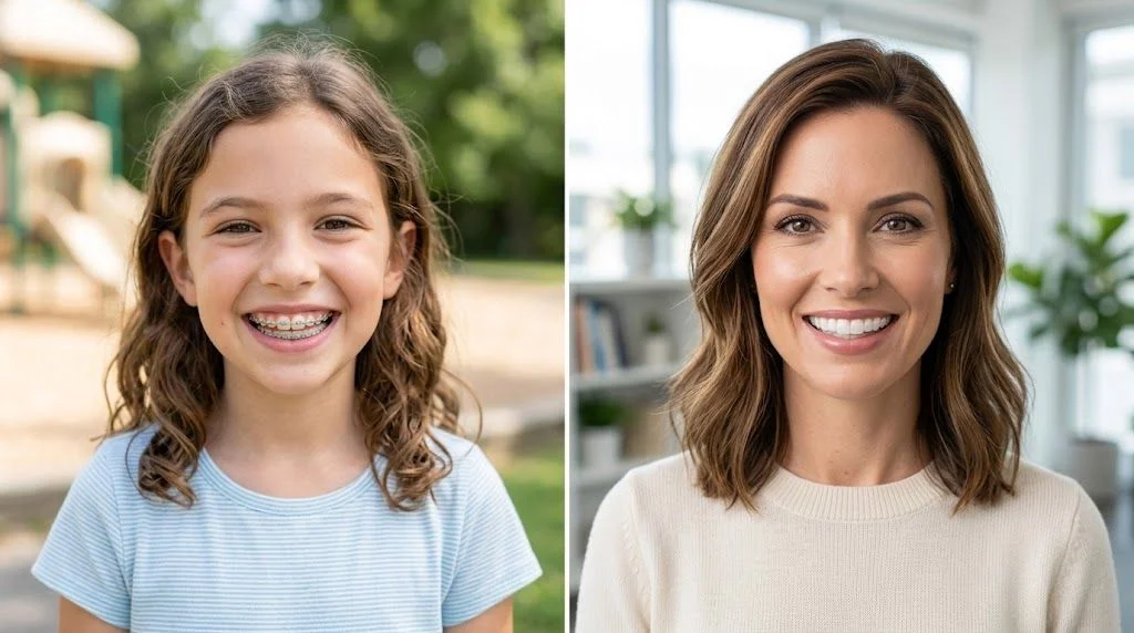 A young girl with metal braces and an adult woman showing a beautiful, straight, and healthy smile.