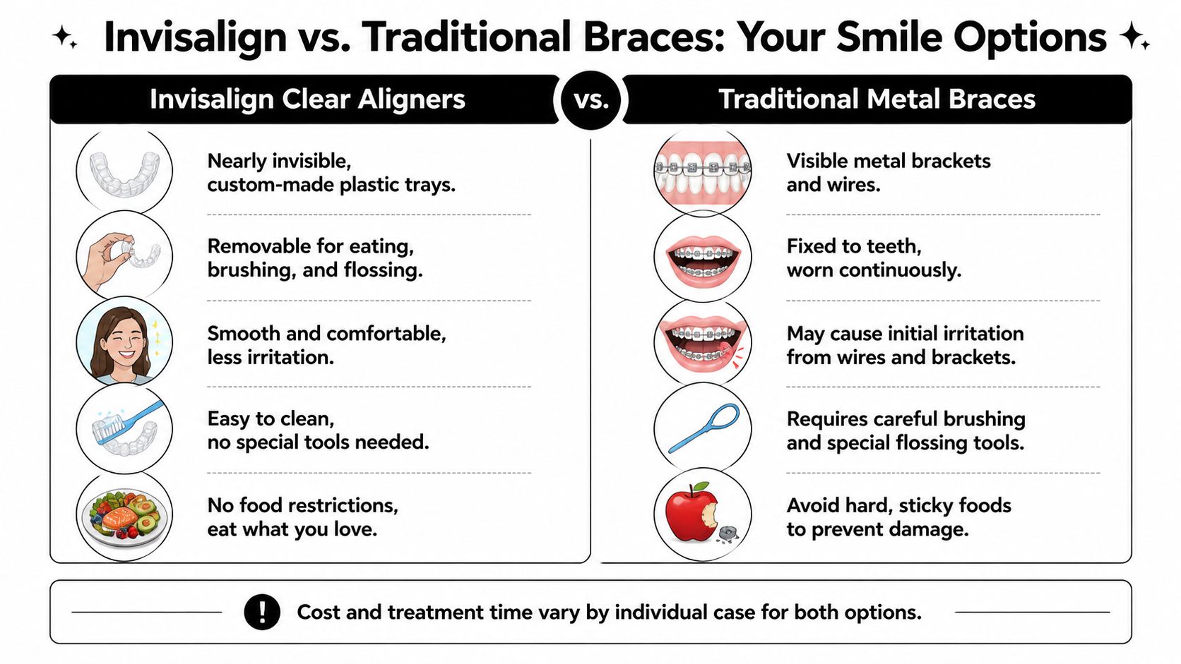 A comparison chart showing the differences between Invisalign clear aligners and traditional metal dental braces.