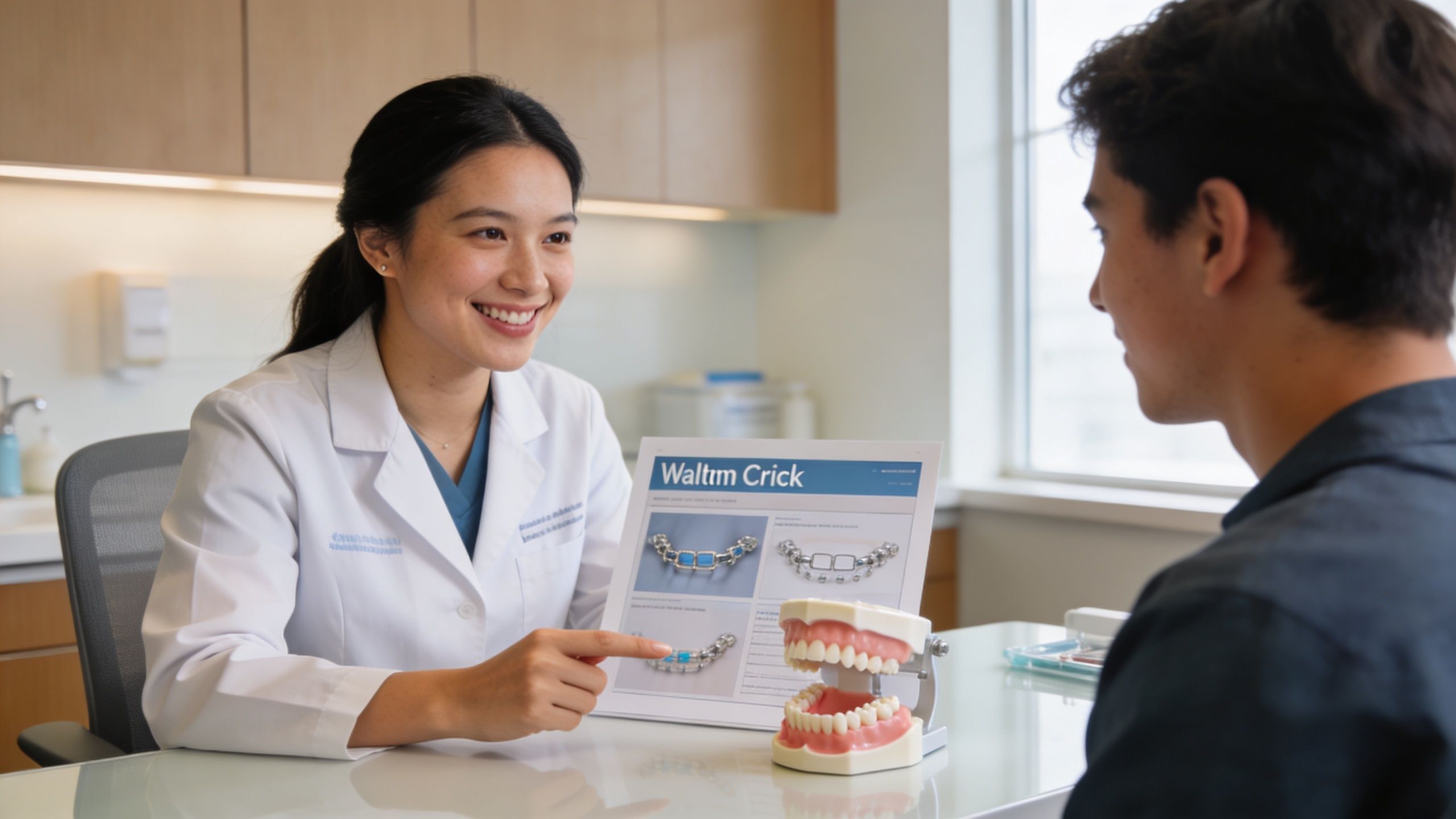 A friendly female orthodontist explaining dental treatment options using a model and a diagram to a patient.