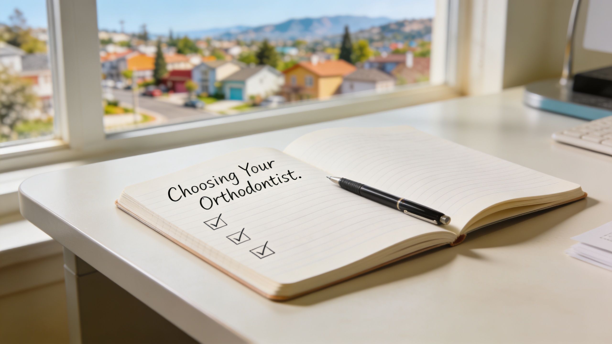 A notebook open on a desk with the heading Choosing Your Orthodontist written and checked boxes below.