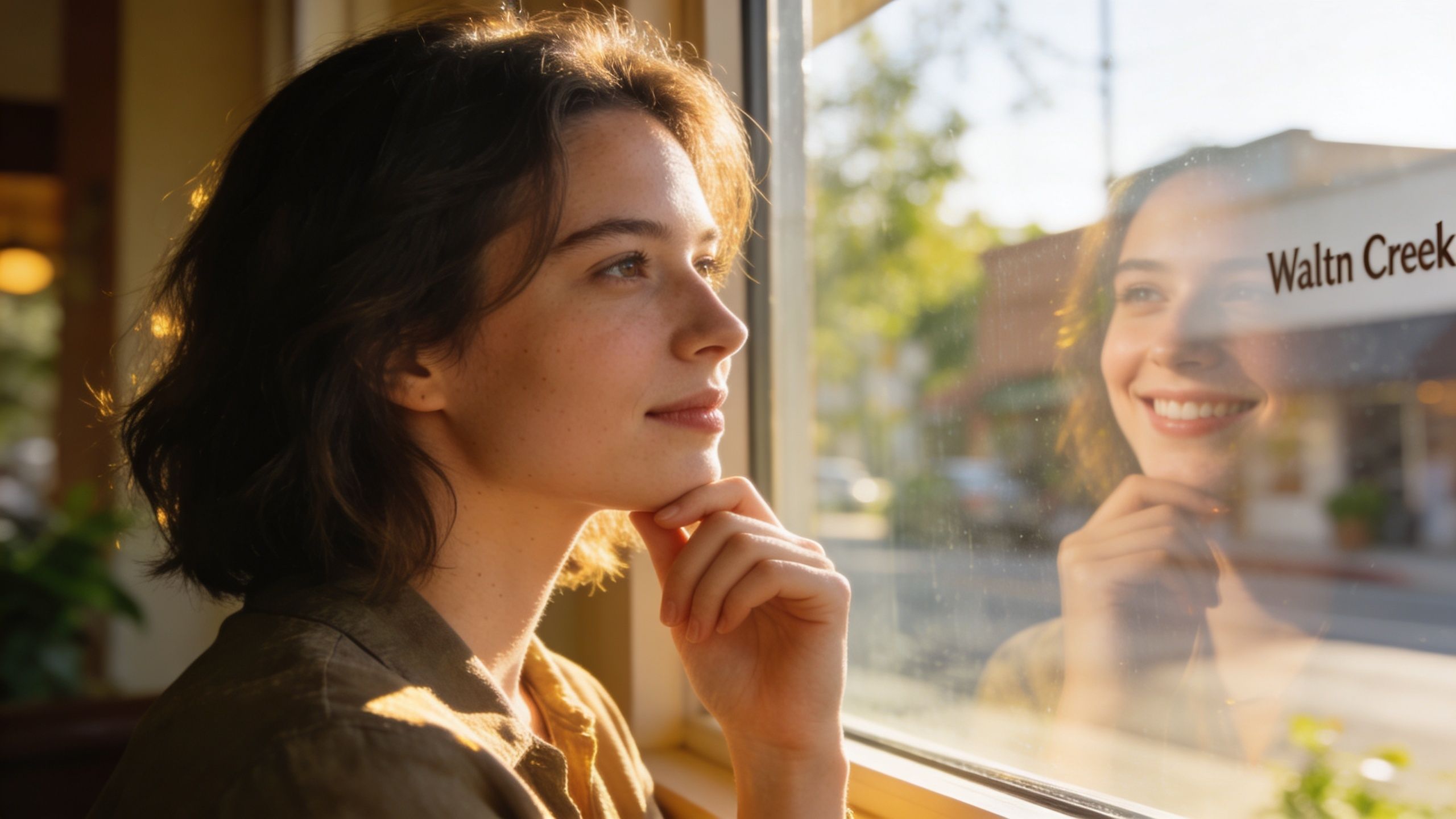 A young woman smiling while looking out a cafe window in Walnut Creek with golden hour sunlight.