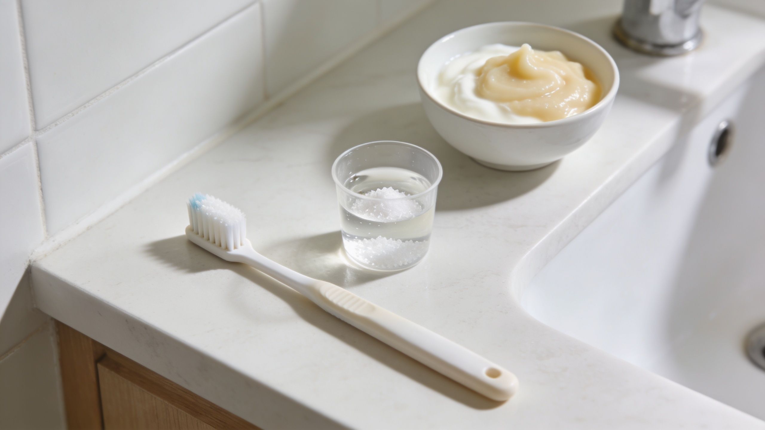 A toothbrush, a small cup of salt water, and a bowl of food on a bathroom vanity.