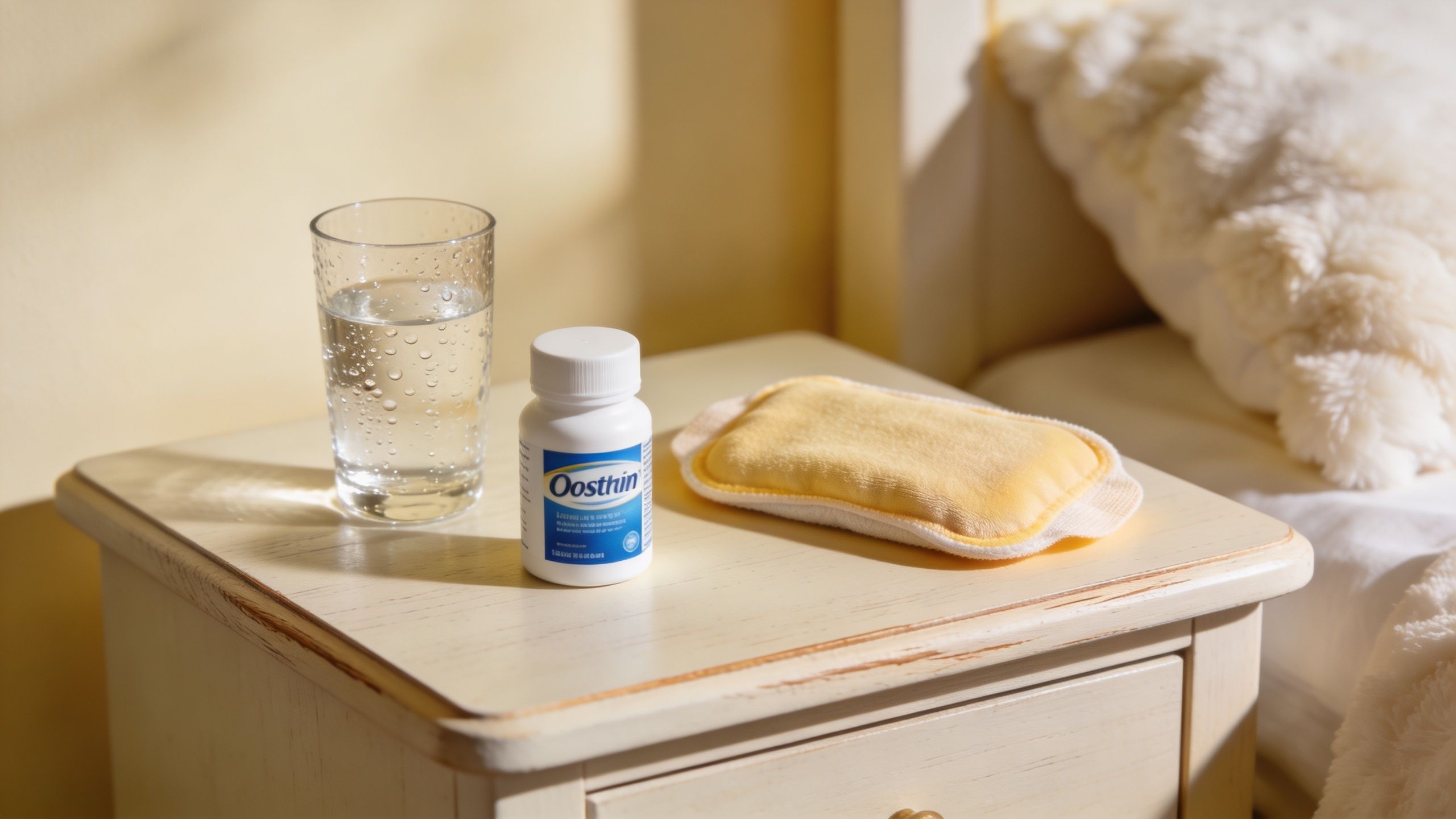 A nightstand with a glass of water, a bottle of Oosthin pills, and a small yellow heating pad.