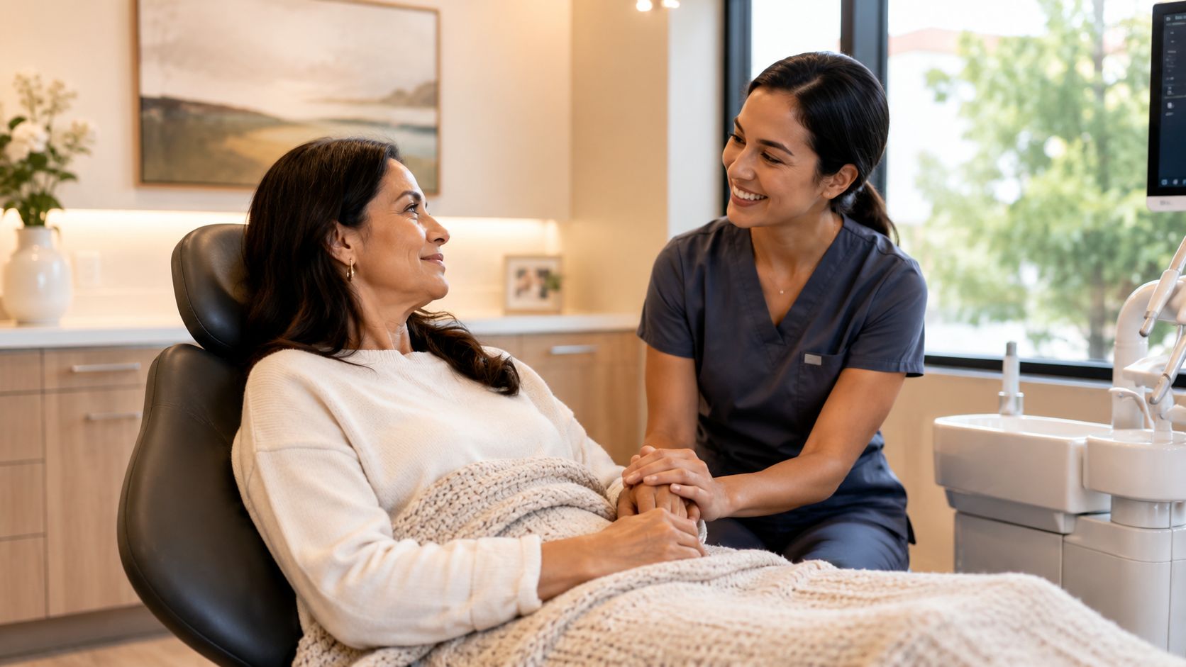 A friendly dental assistant gently holding a patient's hand to provide comfort during a sedation dental visit.