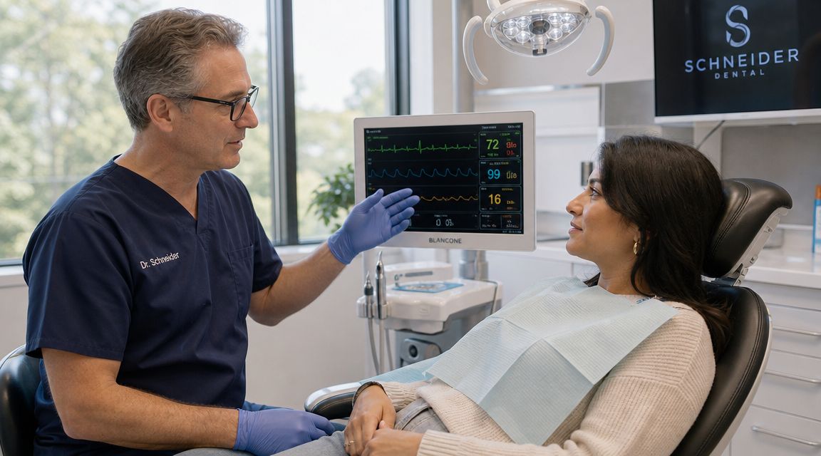 A dentist explains patient vital signs from a monitor screen to a woman sitting in a dental chair.