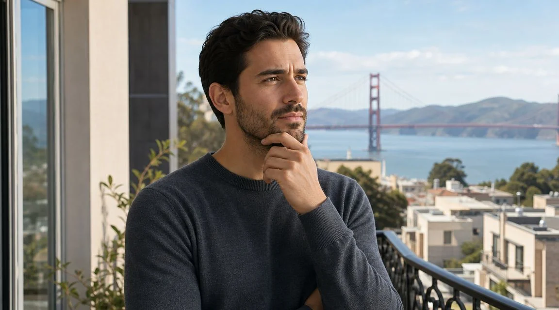 A thoughtful man standing on a balcony overlooking the Golden Gate Bridge in San Francisco.