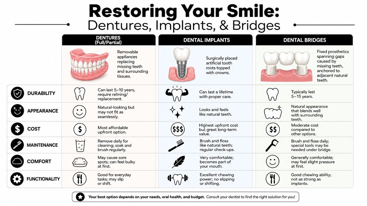 A comparison table outlining the durability, appearance, cost, maintenance, comfort, and functionality of dentures, implants, and bridges.