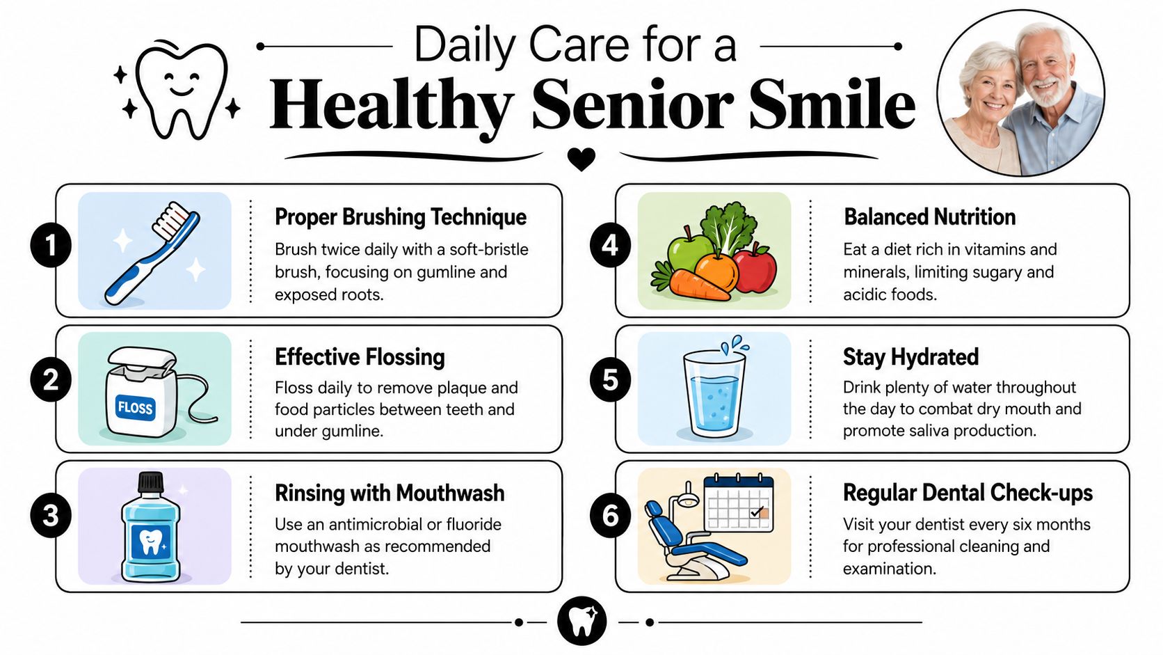 An infographic titled Daily Care for a Healthy Senior Smile outlining six essential oral hygiene tips.