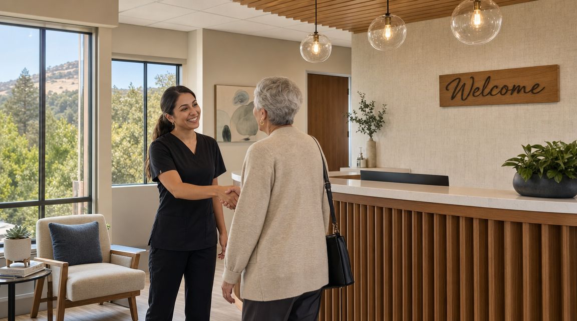 A friendly dental staff member shaking hands with a senior patient in a warm, welcoming office lobby.