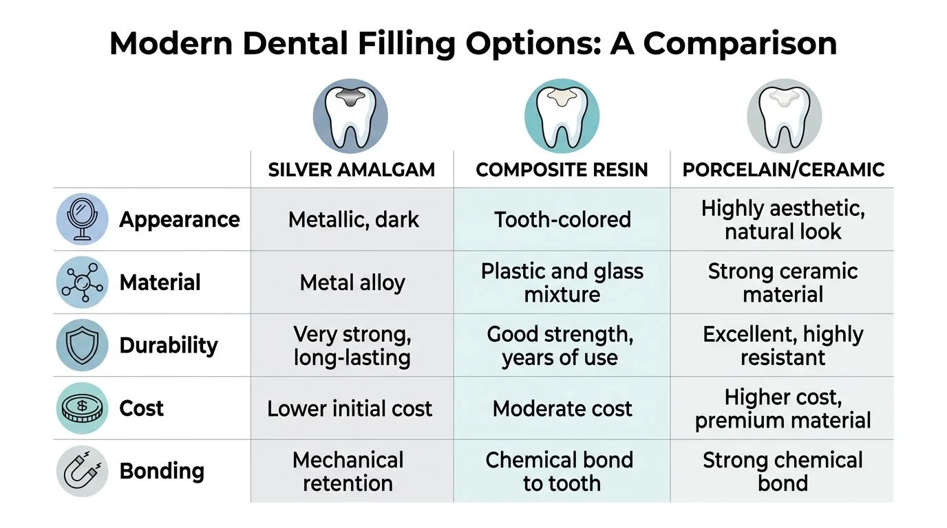 A comparison table of modern dental filling options including silver amalgam, composite resin, and porcelain ceramic materials.