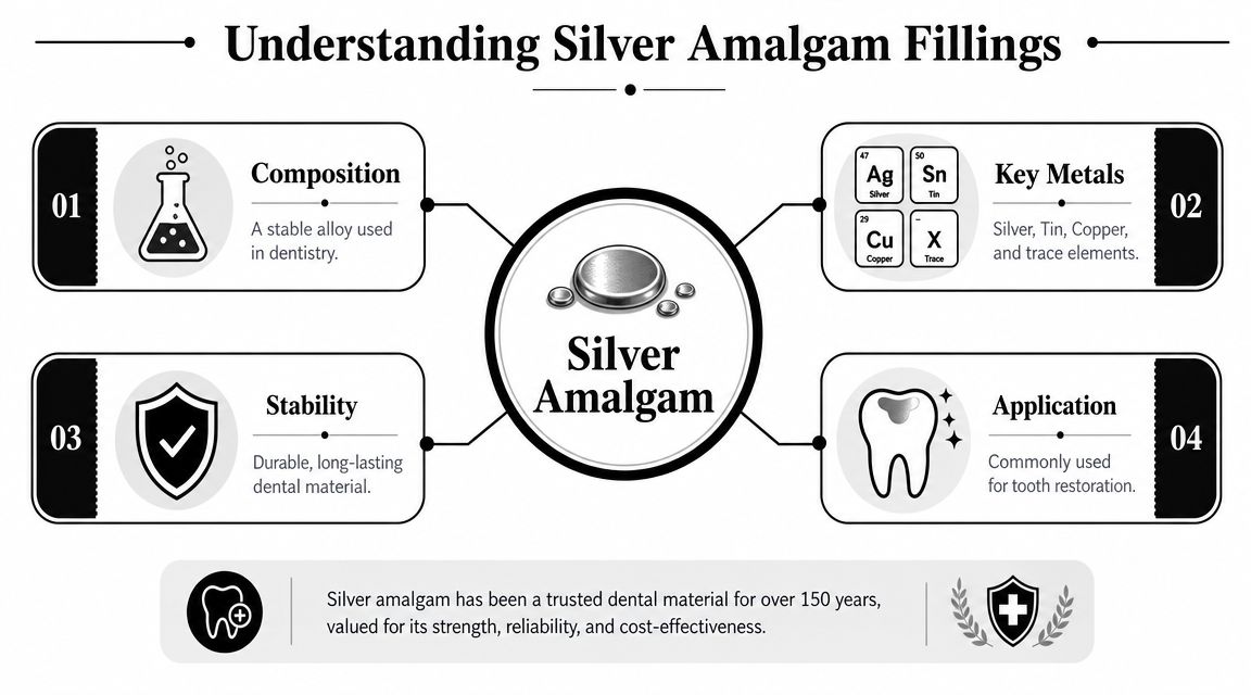 An infographic titled Understanding Silver Amalgam Fillings, detailing their composition, key metals, stability, and dental application.