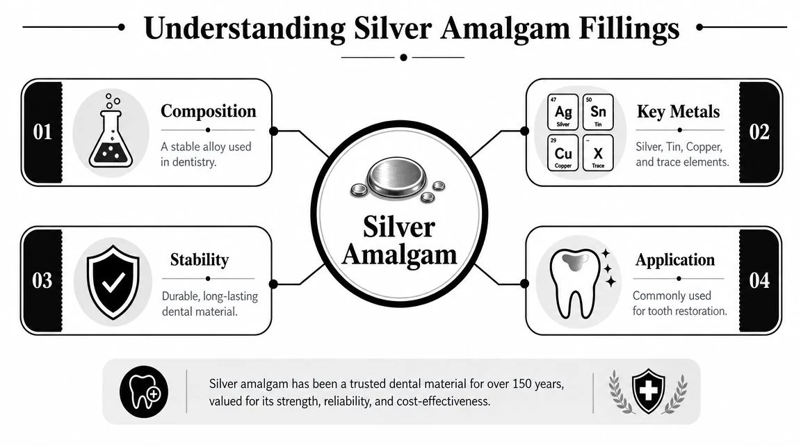 An infographic titled Understanding Silver Amalgam Fillings, detailing their composition, key metals, stability, and dental application.