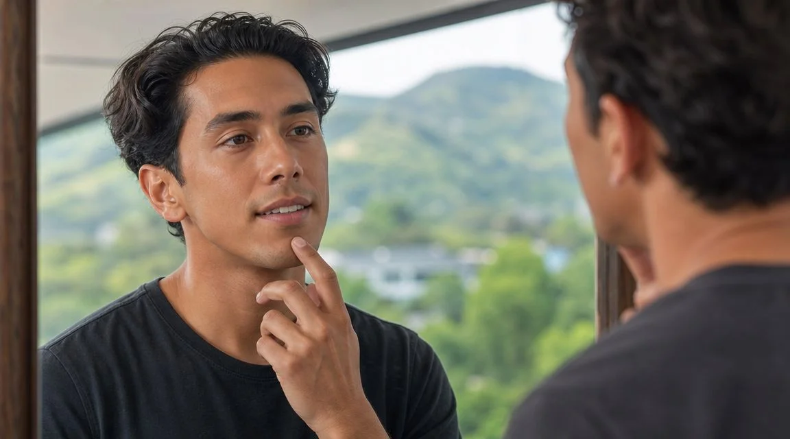 A man with dark hair looks at himself in a mirror, touching his chin with his hand.