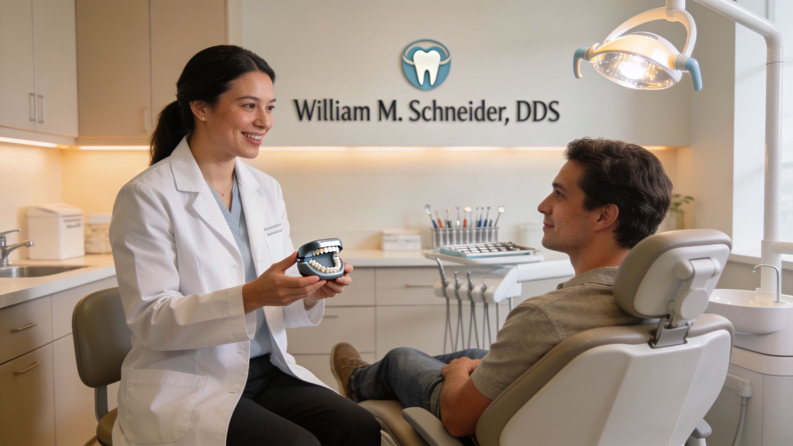A female dentist smiling while explaining dental care with a model to a male patient.