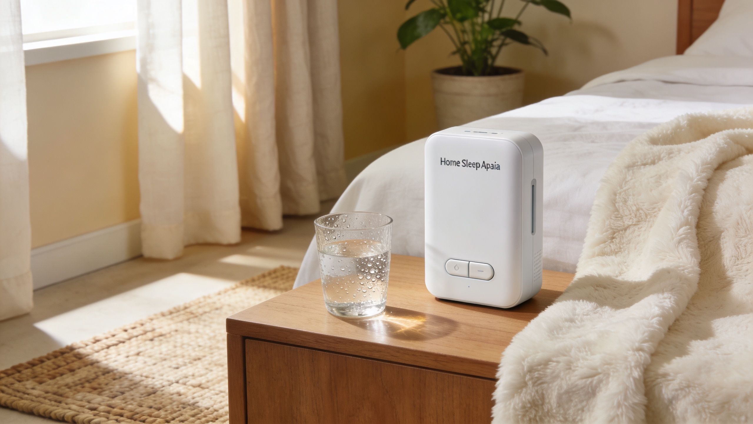 A modern sleep apnea device sits on a bedside table next to a glass of water.